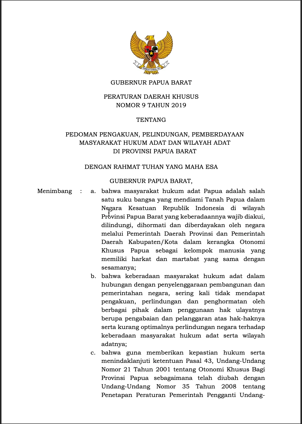 PERATURAN DAERAH KHUSUS NOMOR 9 TAHUN 2019