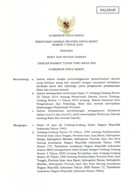 PERDA PAPUA BARAT Nomo 7 Tahun 2022
